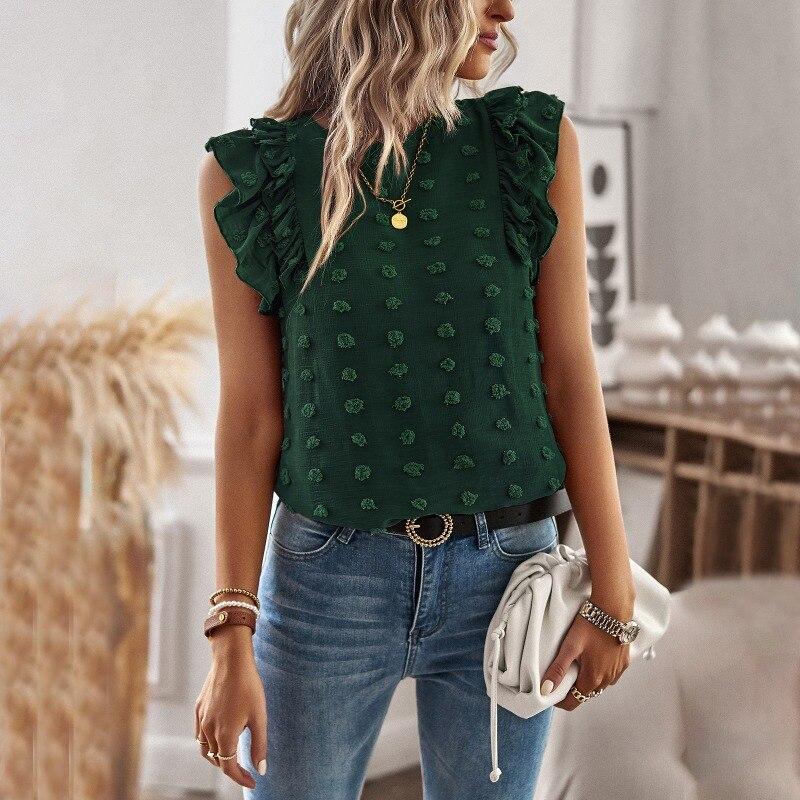 

Блузка с рукавами-бабочками и оборками, модные и элегантные женские жаккардовые рубашки с круглым вырезом, летние винтажные свободные женские топы 28176