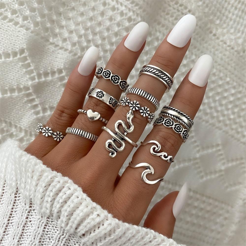 Vintage Distressed Butterfly Snake-shaped Ring Set - Multi-jointed Open-ended Set Ring Set