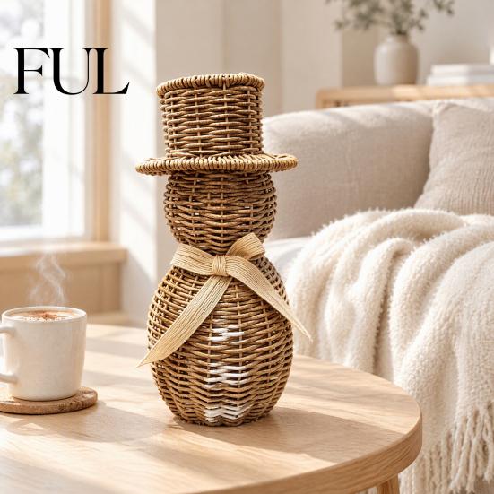 Winter Party Table Decorations Faux Rattan Snowman Figurine, Christmas Rustic Farmhouse Statue with Bow, Indoor Shelf Hand-Woven Wicker Decoration for