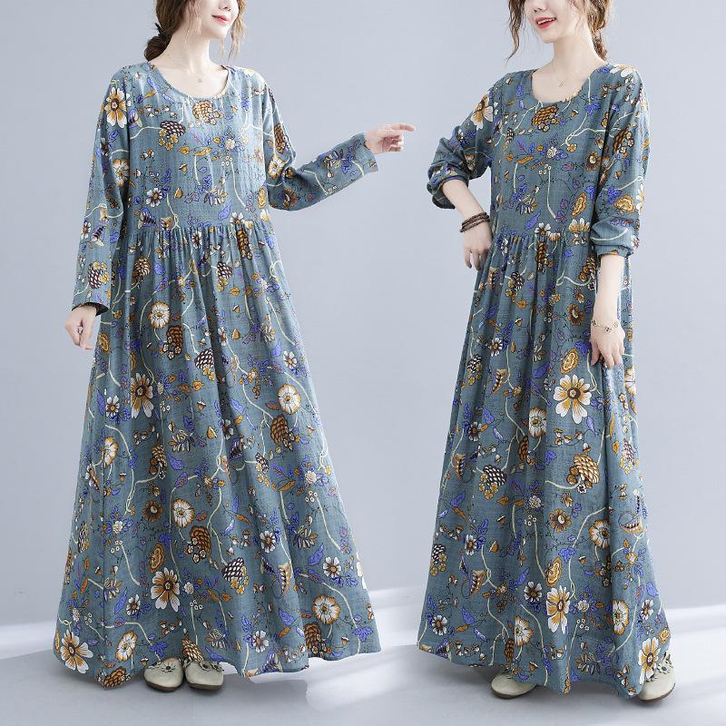 Rochii de dama marime mare, lejer, confortabil, bumbac, matase, imprimat, rochii cu maneca lunga