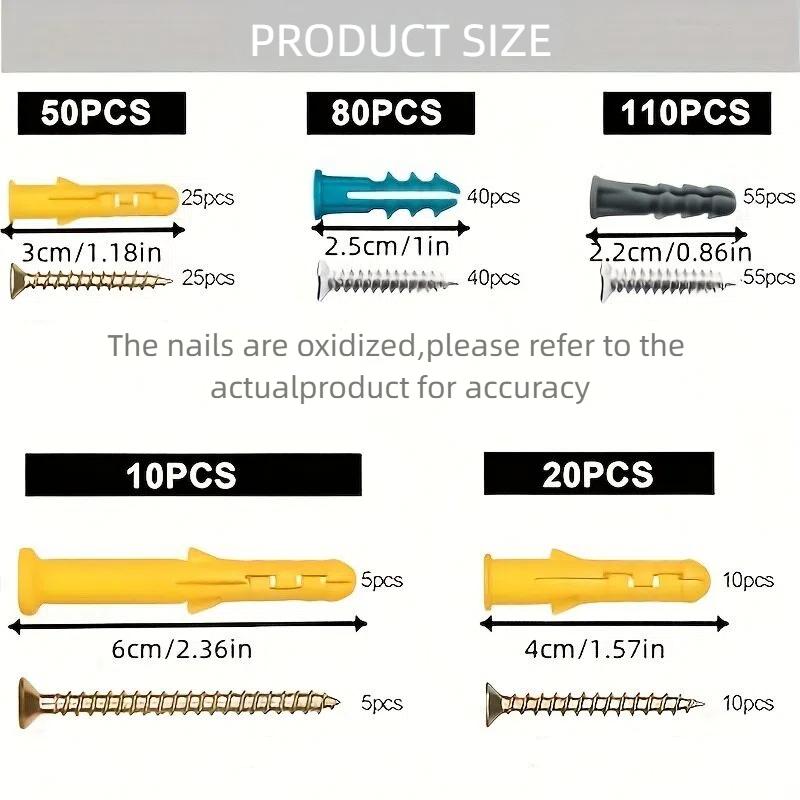 270PCS/100pcs Drywall Anchor and Self Tapping Screw Combination Kit 135 Plastic Wall Anchors + 135 Galvanized Flat Head Screws/5