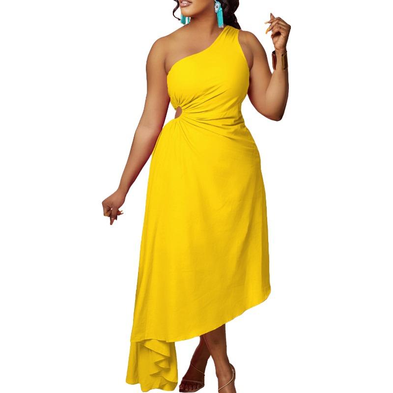 Solid Color One Shoulder Cutout Irregular High Waist Plus Size Sexy Long Dress For Women