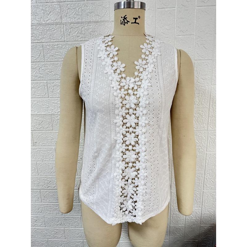 Women's Summer Tank Top V Neck Splicing Hollow Lace Vest Sleeveless Tops