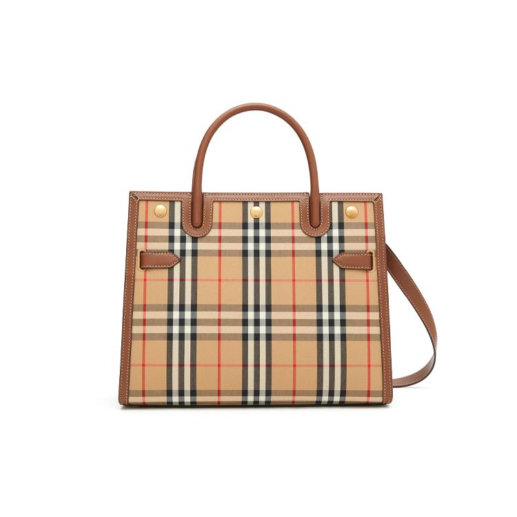 

Burberry Vintage Check Canvas Leather Trim Mini Tote Bag With Gold Hardware For Daily Use Basic Set (Bag+Dust Bag)