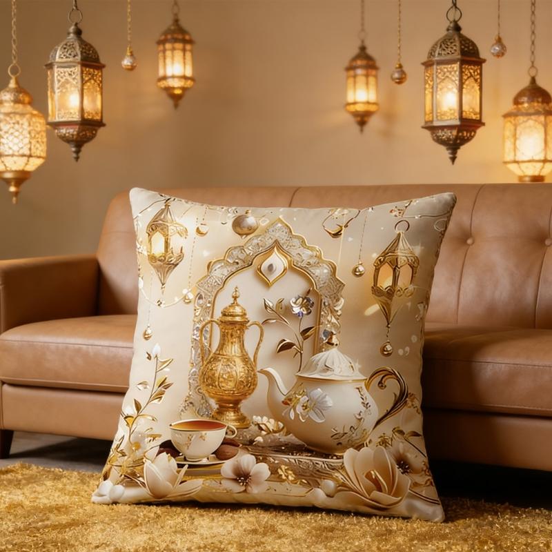 Soft Short Plush Cushion Cover Gold Moon Ethnic Festival Print 45x45cm Standard Size for Home Decoration