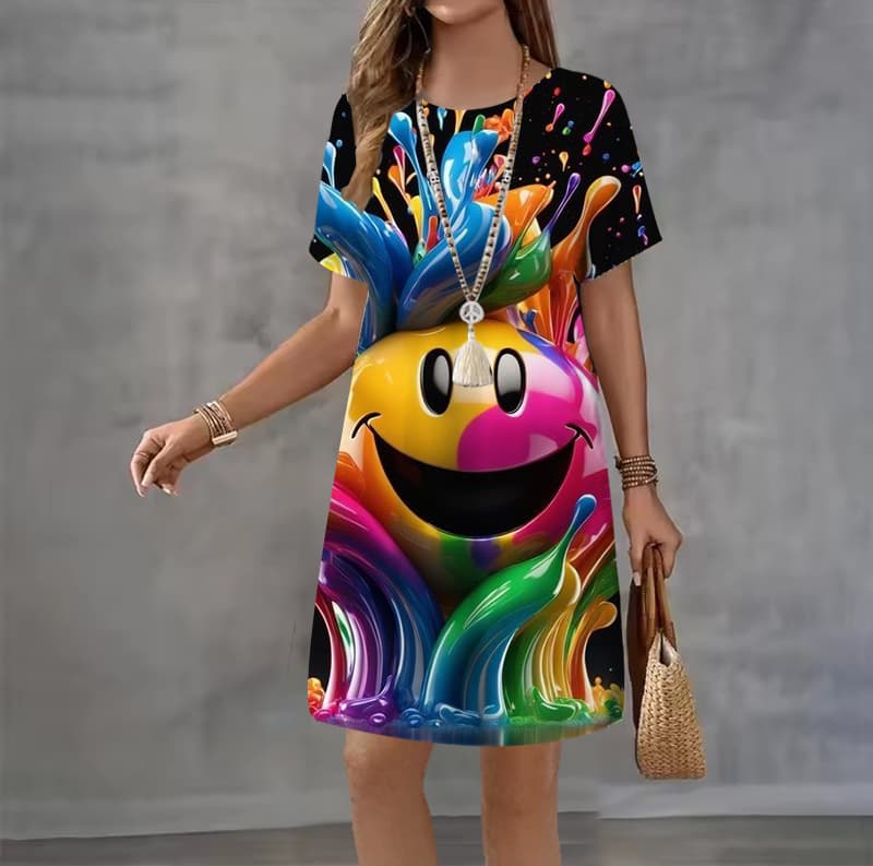 Modna letnia sukienka z nadrukiem 3D, luźna, casualowa, z krótkim rękawem, z okrągłym dekoltem, mini