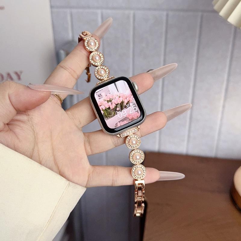 French Style Pearl Metal Chain Band for Apple Watch 11, iWatch 10987E, Huawei GT6, Xiaomi 9