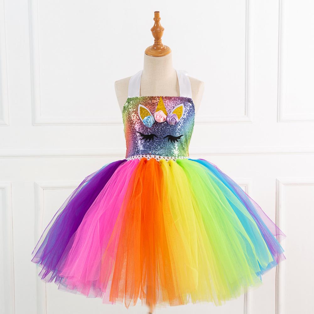 Regenbogen Pailletten Einhorn Kleid mit Flügeln & Kopfschmuck - Europäischer & Amerikanischer Stil 2026 für Mädchen
