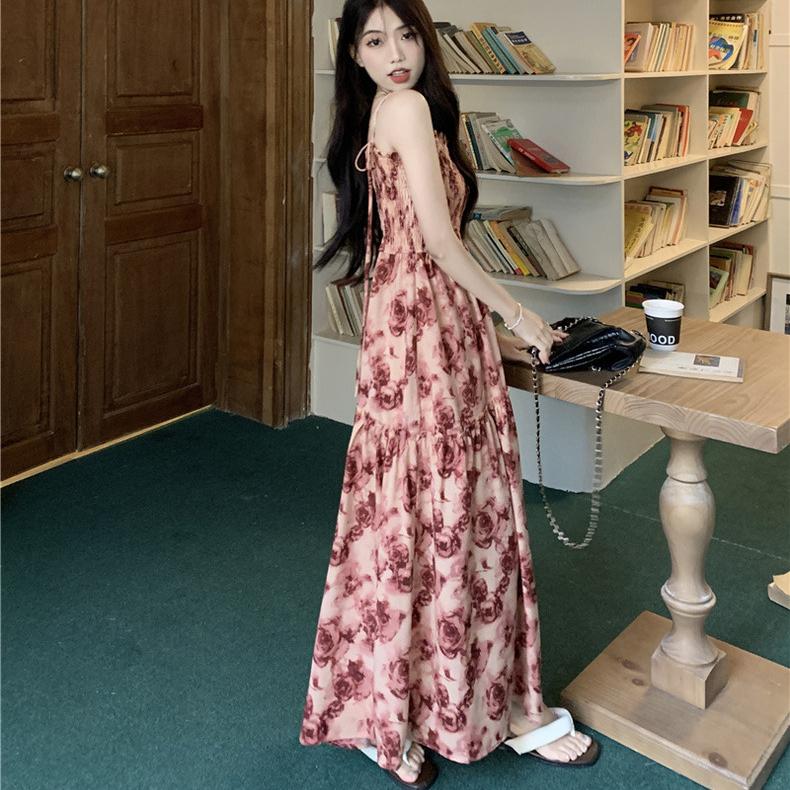 French Rose Print Lace Dress for Women Summer Autumn New Design Sense High Waist Wrapped Chic Strap Long Dresses