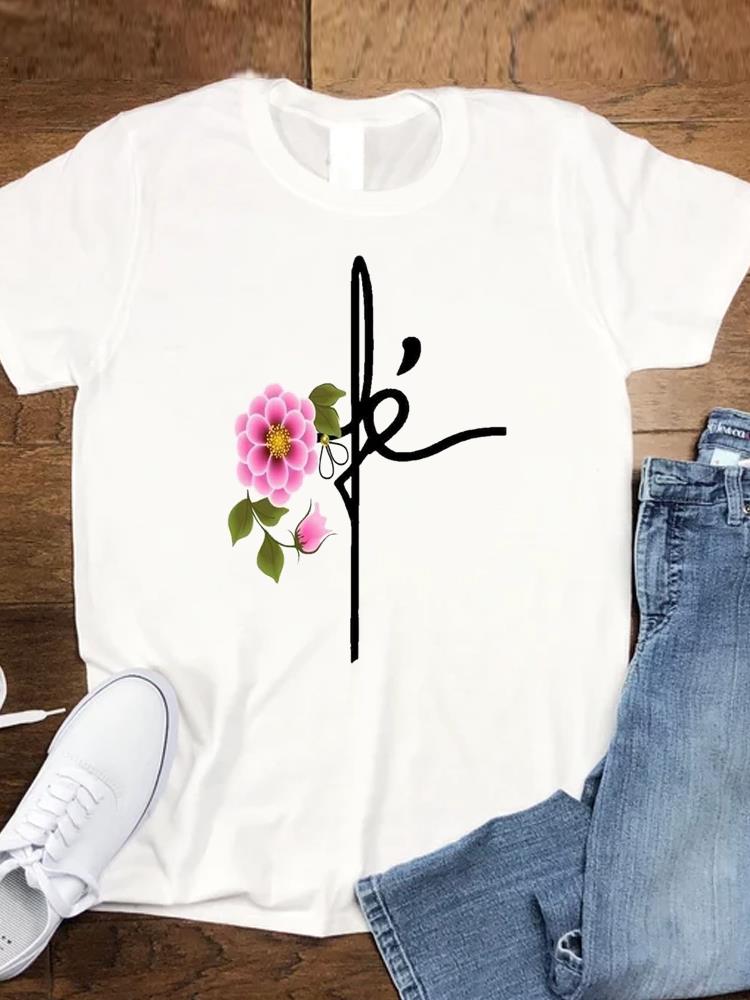 Tee Top T Women Tshirts Clothing Flower Faith Trend Female Fashion Casual Short Sleeve Cartoon Lady Clothes Graphic T-shirts