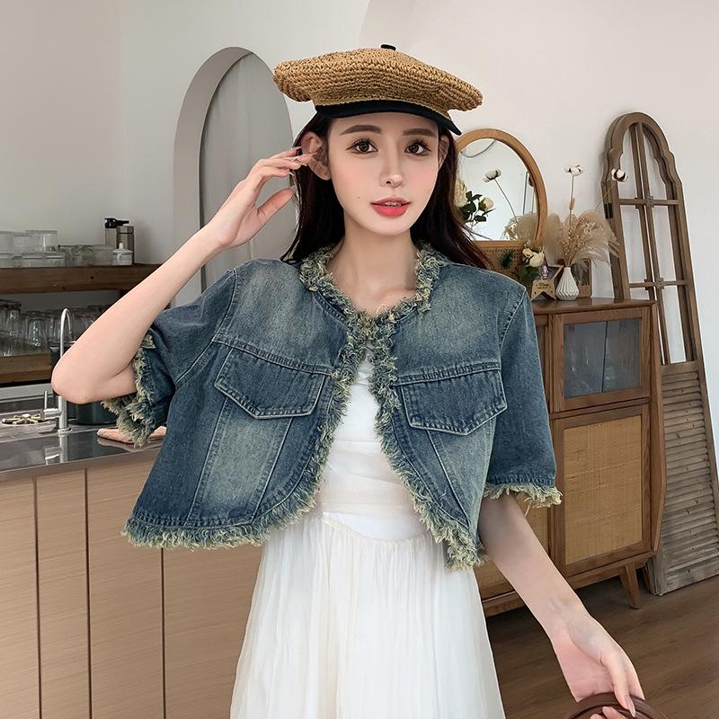 Damen Retro Hong Kong Stil Quasten Jeansjacke - Kurzarm, Raw Edge, Lockere Passform für Frühling/Sommer 2024