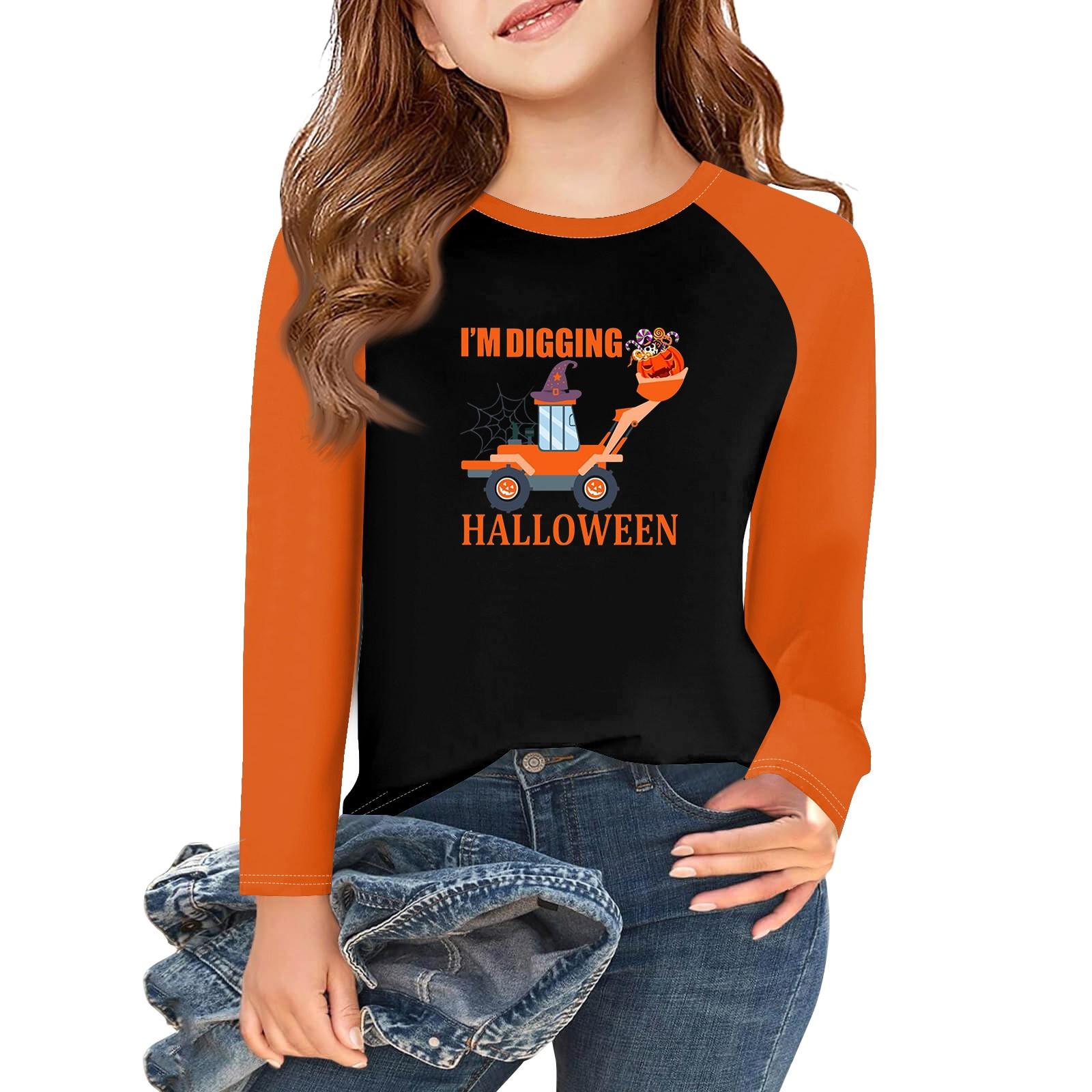 

Футболки з довгим рукавом для дівчаток на Хелловін, дитячі осінні топи з круглим вирізом, базові футболки 5-14 років 140 шафрановий