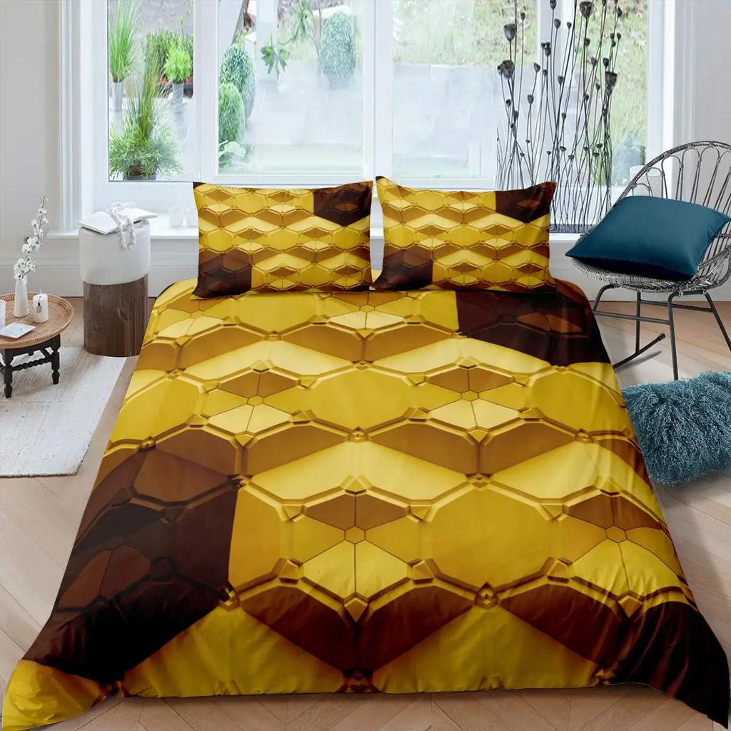 Hexagonal Duvet Cover Set Honeycomb Marble Comforter Cover Set Beehive Hexagon Tie Dye King Size Geometric Diamond Bedding Set