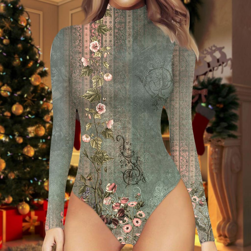 Women's Fall And Winter One-piece T-shirt Slim Long Sleeve Half High Neck Vintage Printed Bodysuit Tops