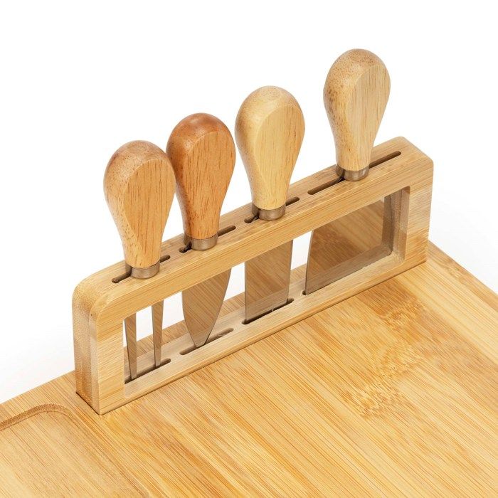 35x28 Cm Bamboo Cheese Board with Knives and Fork Plate for Serving Snacks and Charcuterie
