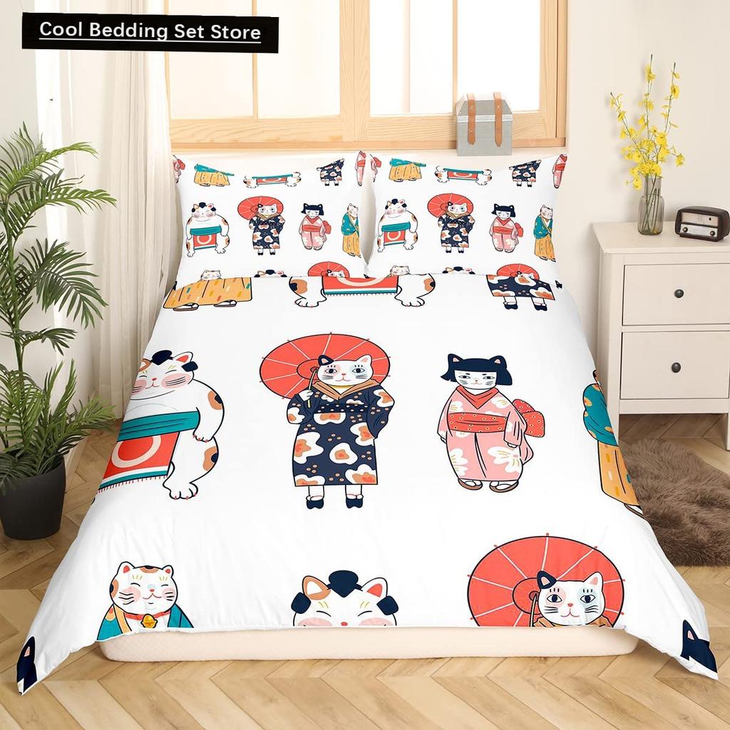 Cute Cat King Queen Duvet Cover Kitten Bedding Set Purple Floral Butterflies Polyester Quilt Cover Pet Animal Comforter Cover
