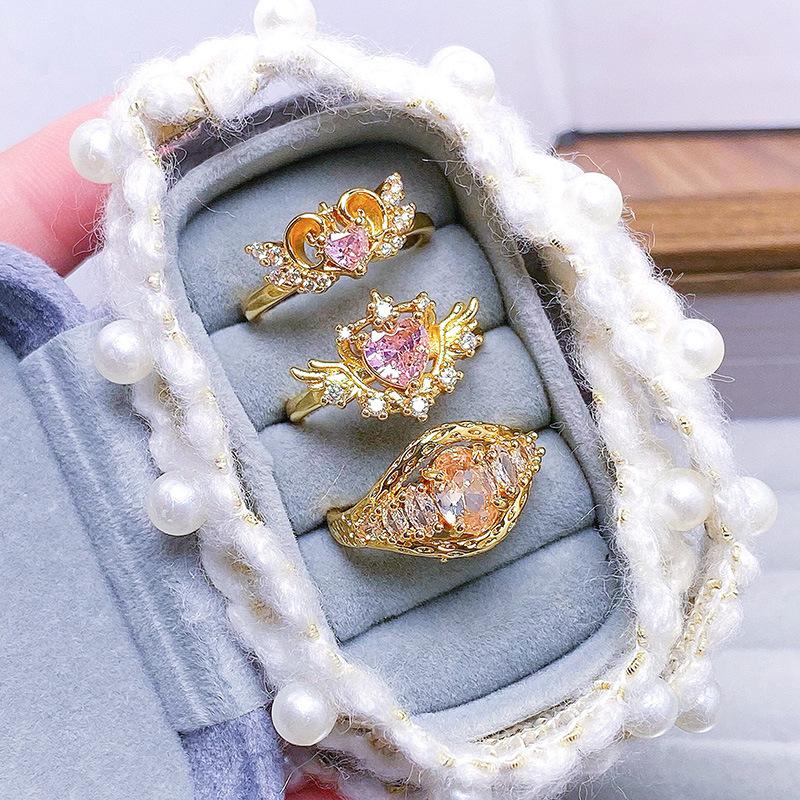 The Same Medieval Sweet Pink Zircon Super Flash Love Wing Ring Girl Heart Exquisite Niche Ring