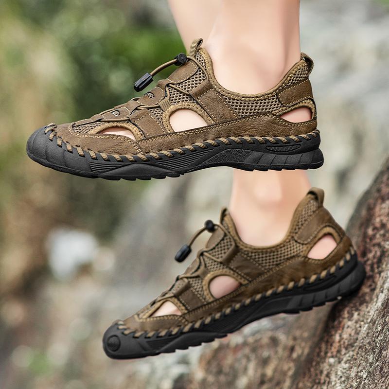 Fashion Brown Men's Leather Sandals Closed Toe Fishermen Sandal Comfortable Hiking Walking Summer Beach Shoes for Men Large Size 48