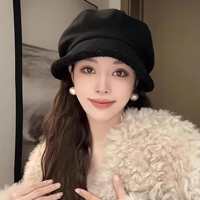 Beret Female Autumn and Winter Big Head Circumference Showing Small Face Plush Warm Cap Plain Plush Pile Bucket Hat