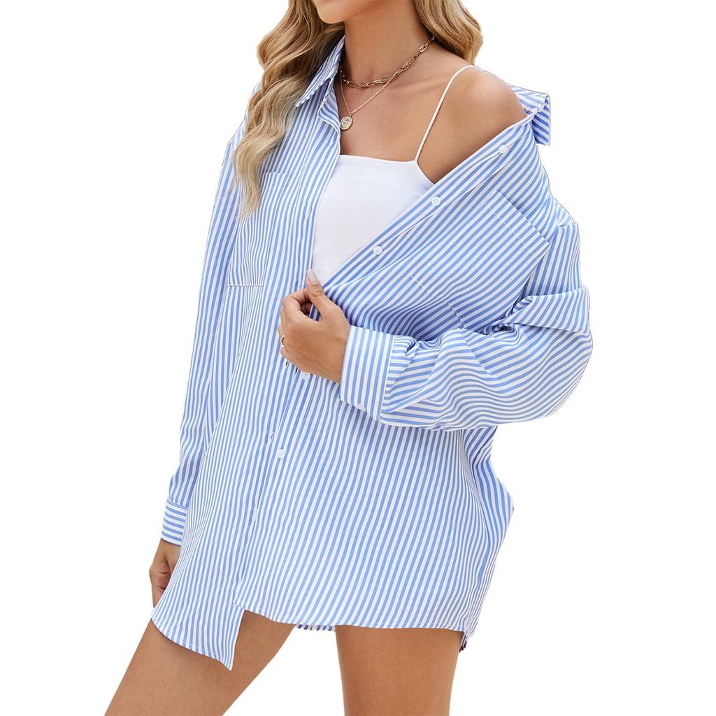 Damen Revers Gestreiftes Lose Langarmhemd Taschenoberteil