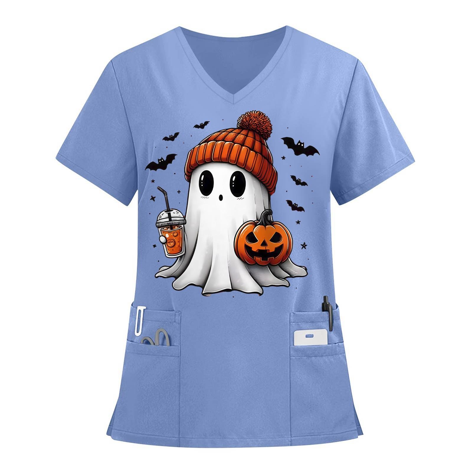 

Женский топ защитного костюма с V-образным вырезом, с короткими рукавами, с принтом на Хэллоуин, с карманом и боковыми разрезами XL