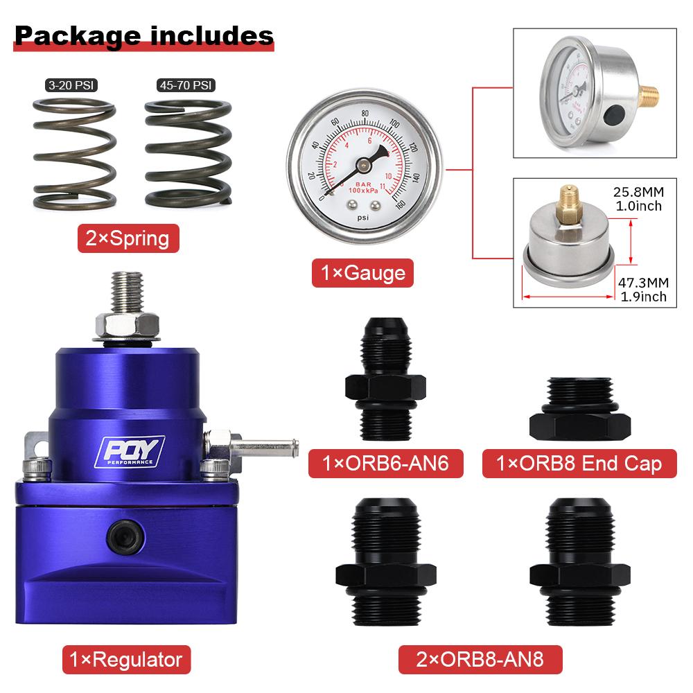 Regulador de Pressão de Combustível Universal de Alumínio AN8 Alimentação & AN6 Retorno com Manômetro 0-160PSI Conjunto de Molas de Pressão 3-20 20-45 45-70