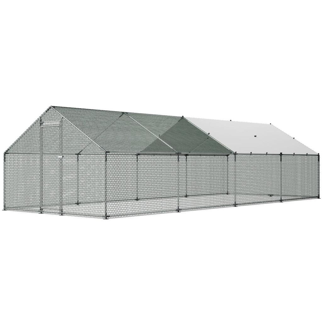 Metal Chicken Coop, 9.8x26.2x6.5 Ft Large Walk-in Chicken Runs with Cover, Spire Roof Hen House Enclosure with Security Lock, Outdoor Duck Rabbit Cage
