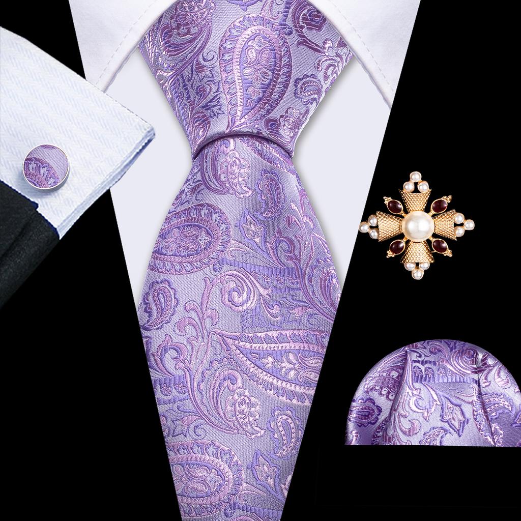 Pearl Brooch with Silk Tie for Men Vintage Floral Teal Necktie Hanky Cufflinks Gift Formal Set