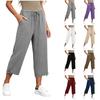 Women Elastic High Waist 3/4 Pant Casual Fit Wide Capris Leg Pants Trousers With Pockets