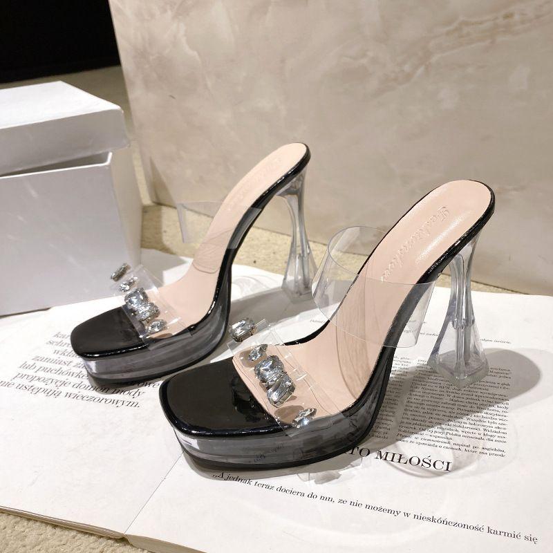 2025 new beautiful crystal thick heel transparent rhinestone cool slippers versatile super high heel women's shoes waterproof table sandals women