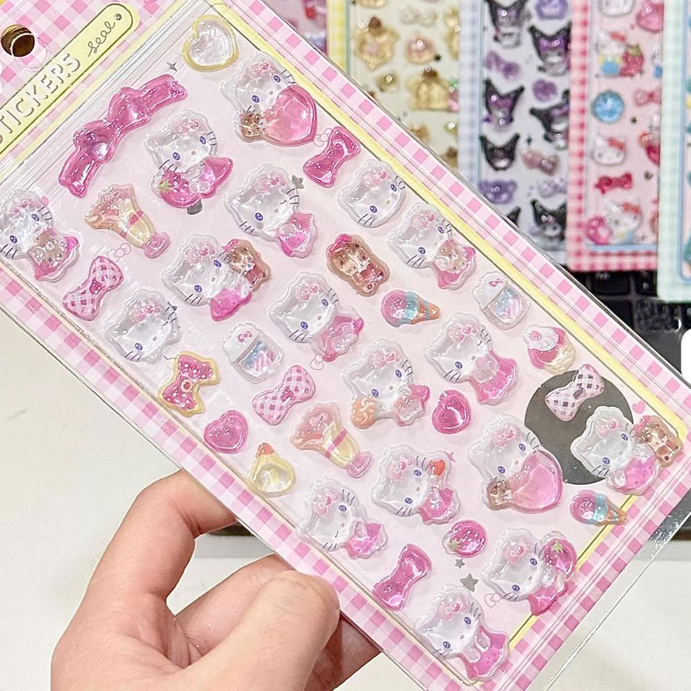 14 style Anime kitty cat Kuromi Cinnamoroll 3D Sanri Stickers Transparent Jelly Crystal Decorative Sticker Phone Case DIY KidToy