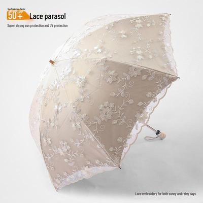 Dámský krajkový vyšívaný slunečník s UV ochranou - Elegantní princeznovský styl, Malý svěží design s černým potahem