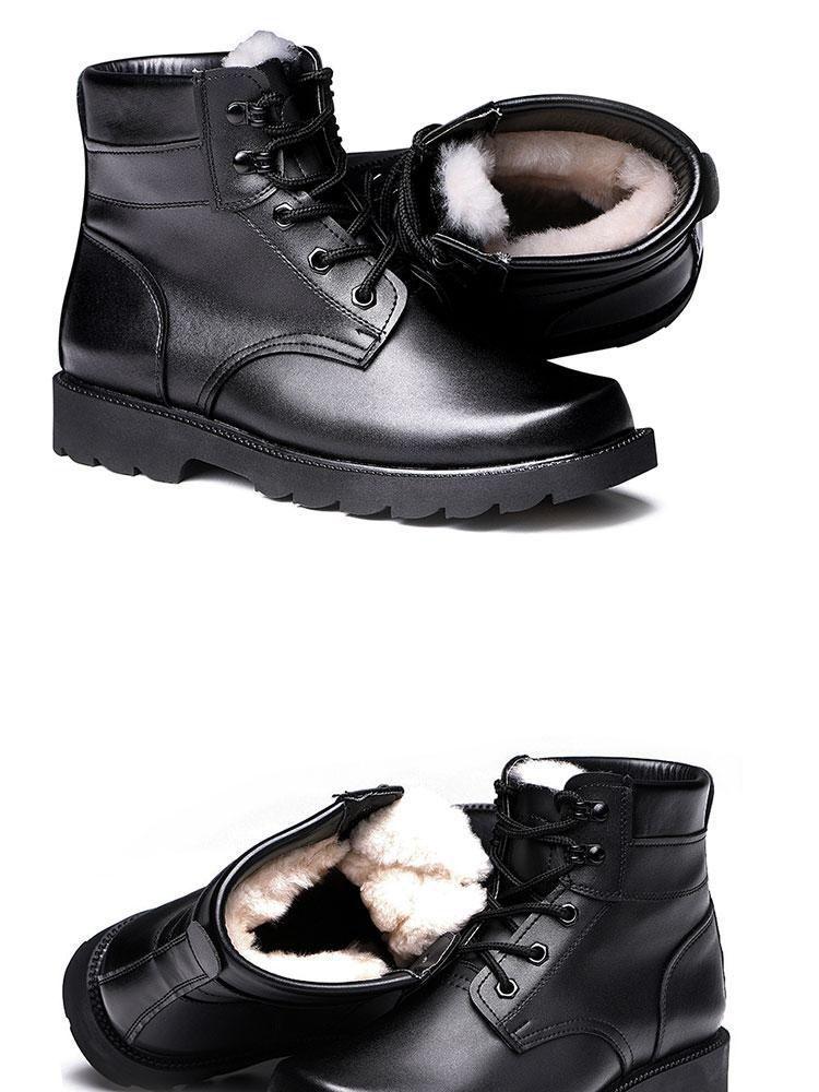 Pánské zimní vlněné kožené bojové boty s ocelovou špičkou a podrážkou – Hřejivé boty Martin s podšívkou ze sametu s vojenským háčkem pro bezpečnost.
