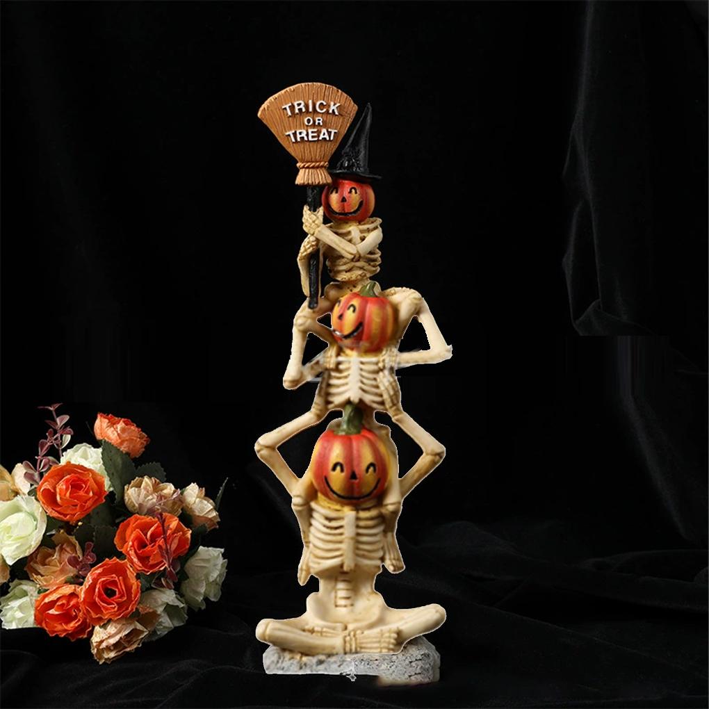1 ks Halloweenová stacked kostra dýně soška z pryskyřice na stůl, sváteční obývací pokoj, dýně soška, kostra, Trick or Treat dekorace