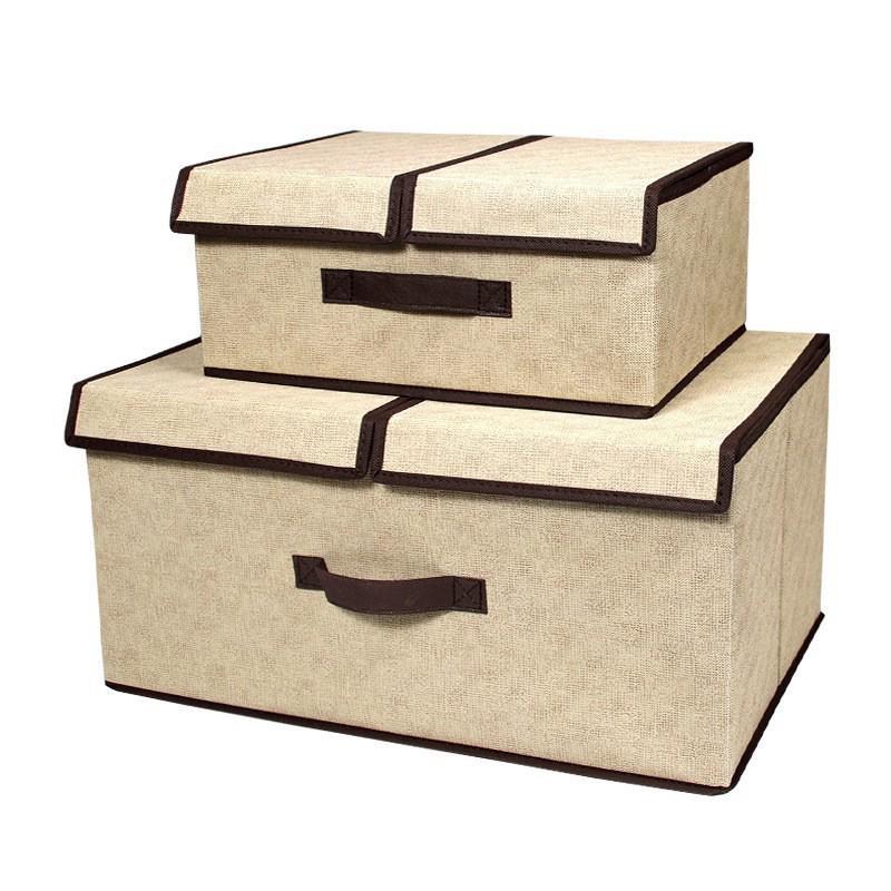 Foldable Cotton & Linen Double-Lid Storage Box with Handle for Clothes and Pants
