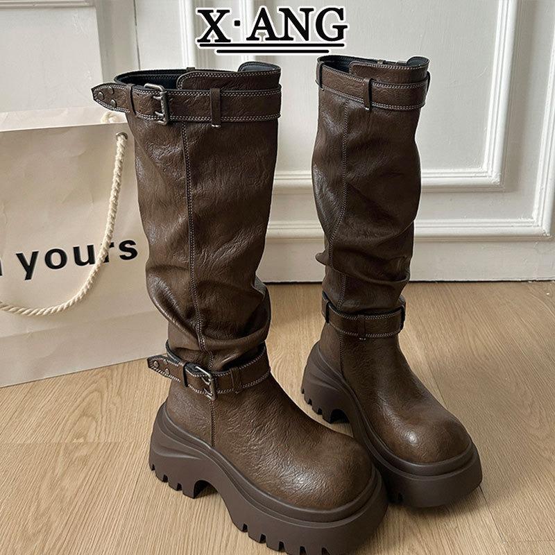 

Ботинки-маленькие рыцари из коровьей кожи на толстой подошве, увеличивающие рост, женские ботфорты до колена, длинные сапоги, ремешки с пряжками, ботинки на наборном каблуке, ковбойские сапоги 40