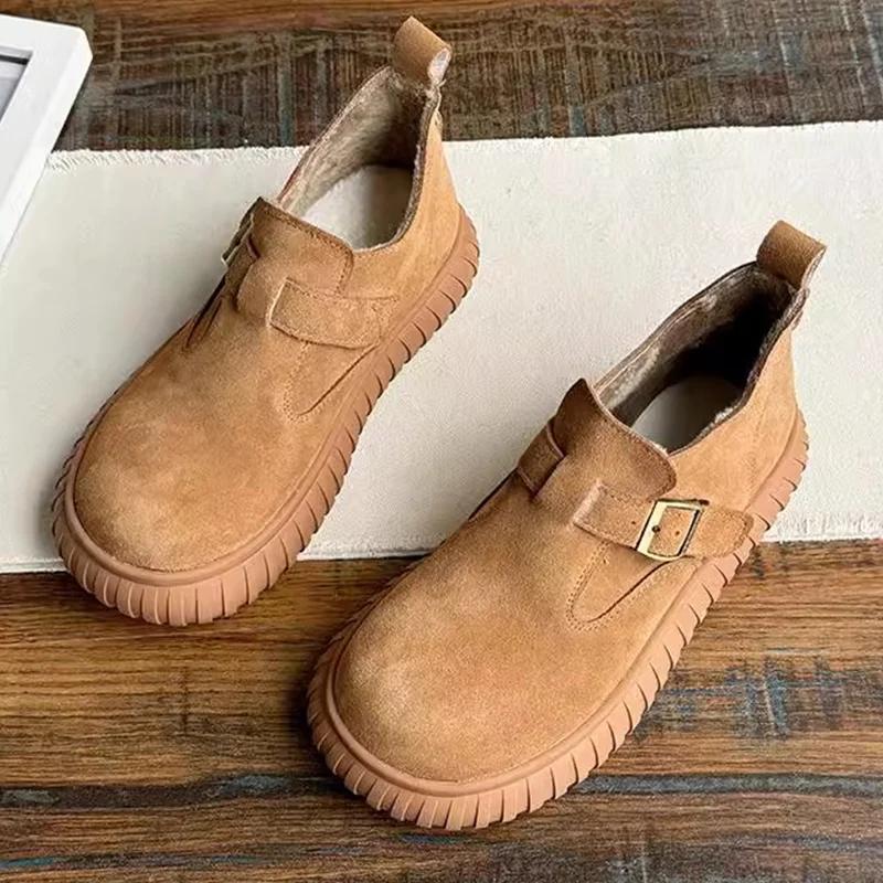 Suede Flats Women Snow Ankle Boots Designer Buckle Casual Shoes 2025 Trend Walking Non-slip Comfort Winter New Botas De Mujer