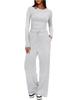 Solid Color Casual Long Sleeve Set Top High Waisted Wide Leg Pants Sportswear