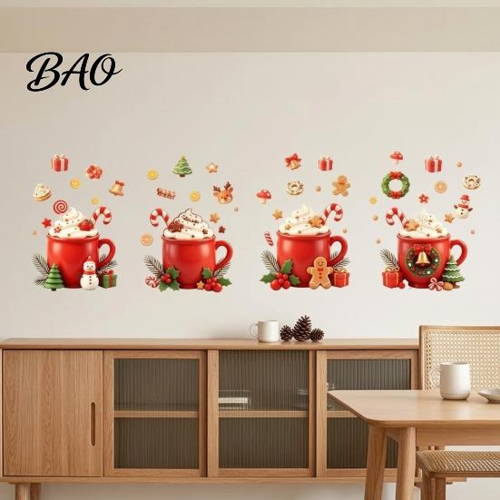 Cartoon Christmas Drink Mug Stickers 2Pcs Hot Drinks Wall for Kitchen Cabinets, Self-Adhesive Art Reusable Holiday Refrigerator Decals Decor,