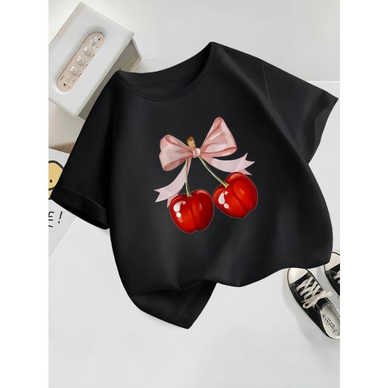 Girls' Casual Short Sleeve Round Neck T-Shirt Summer with Fabric Playful Casual Shirts for Girls Cherry Graphic Tee Comfortable