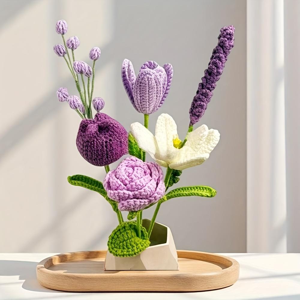Crochet Bouquet Vase, a Flower Gift for Mothers and Ladies on Mother's Day. Pink Rose Artificial Flower Vase, Suitable for Birth