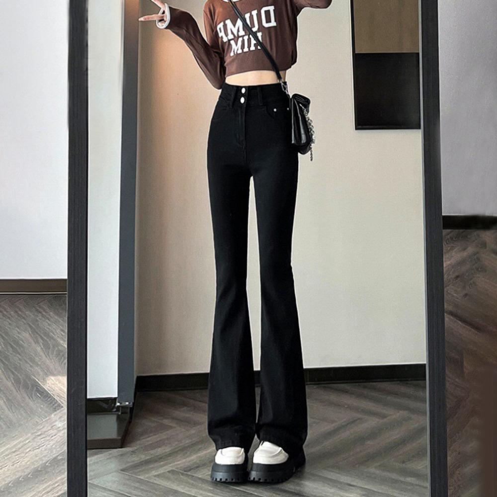 

Простые и слегка укороченные джинсы для женской весенне-осенней новой корейской высокой посадки, облегающие, универсальные брюки-подковы инс XL чёрный