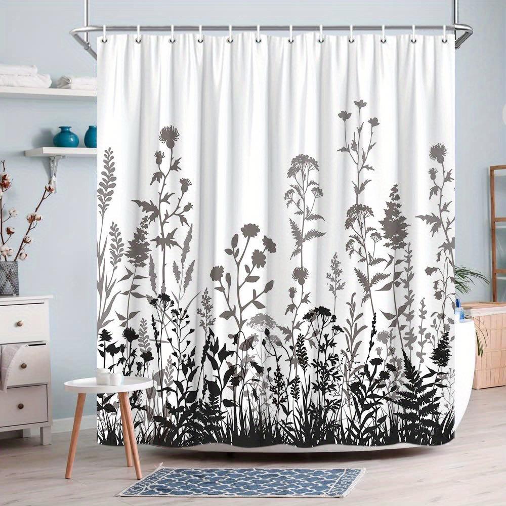 1pc Wildflower Silhouette Shower Curtain - Black Wildflowers on White, Minimalist Design, Polyester, 12 Hooks, Easy Clean W90XH180cm