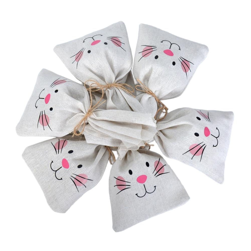 White cotton linen reusable candy bag for Easter with rabbit ear design heat transfer print measures 23 11cm one bag or ten
