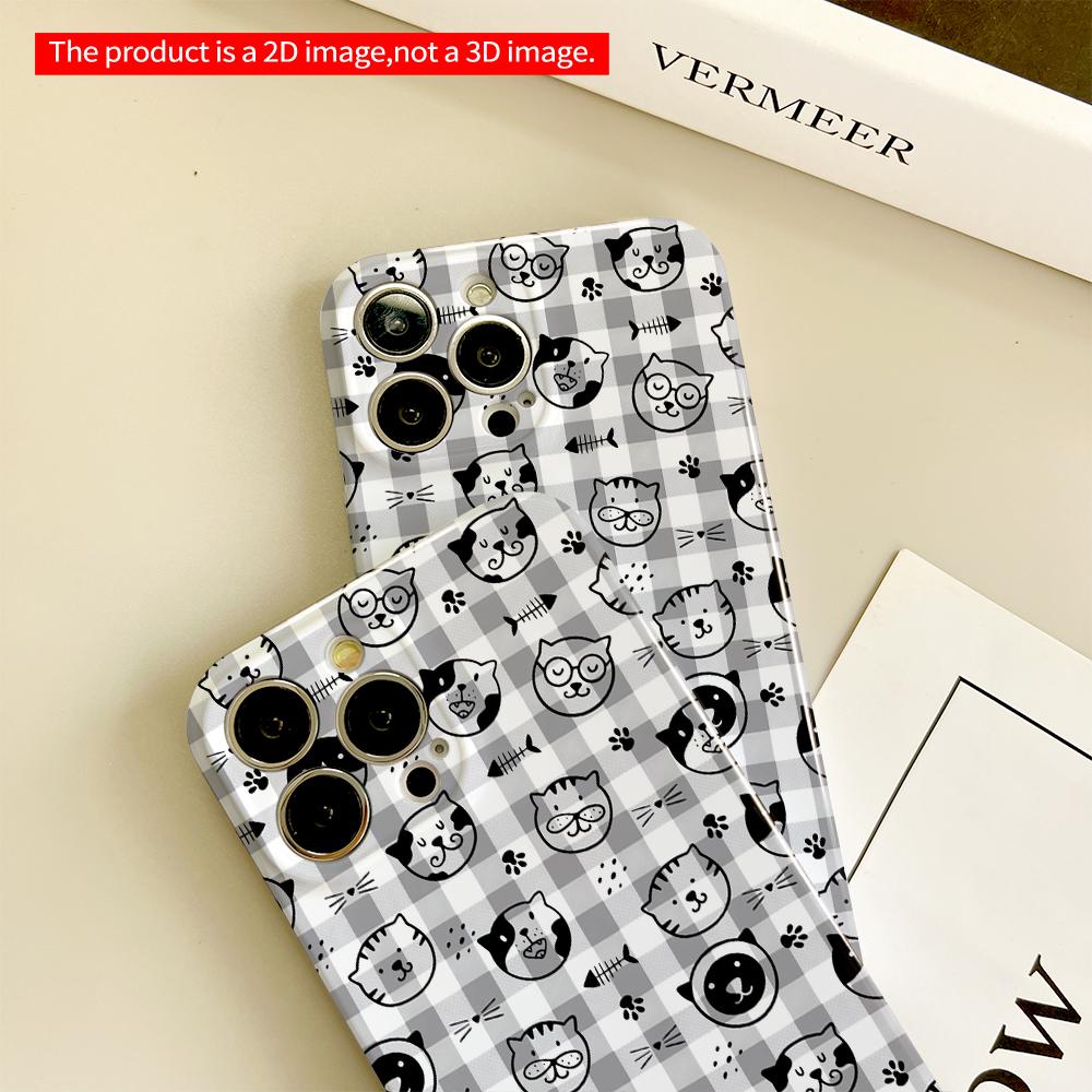 Whimsical Cat Faces On Gingham Background Phone Case All Inclusive Film Hard Phone Case, Compatible with iPhone 18 Pro Max 17 16 15 14 13 12 11