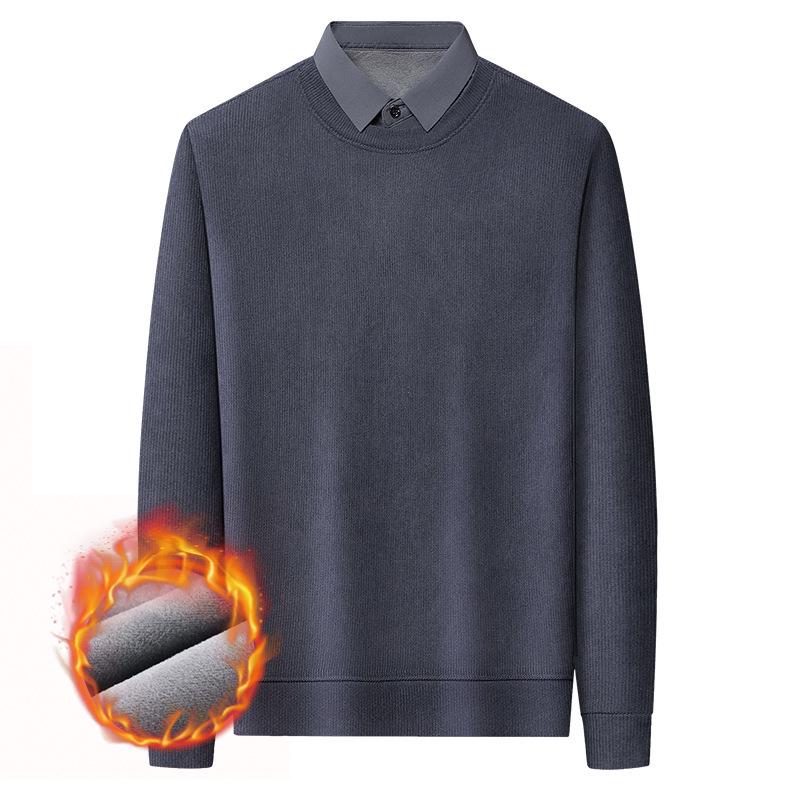 Men's Winter 2025 Faux Two-Piece Fleece-Lined Sweatshirt, Solid Color, Turn-Down Collar, Thick and Warm Long-Sleeve.