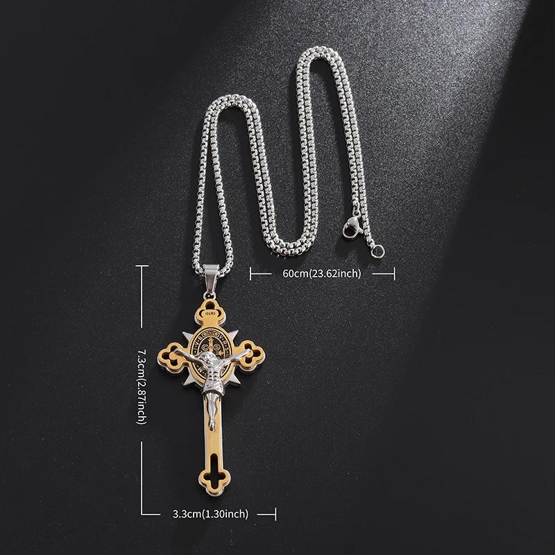 Saint St. Benedict Jesus Cross Pendant Necklace Men and Women Religious Christian Catholic Amulet Stainless Steel Jewelry