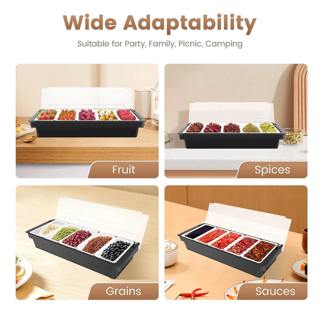 5 Compartments Bar Ingredient Container, Spice Dispenser, Garnish Plastic Fruit Caddy Tray, Home Veggie Box with Lid for Buffet