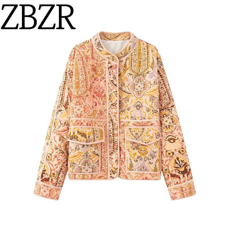 Zbzr Winter and Autumn New Women Clothes Western Style Design Loose All-Match Stand Collar Positioning Print Cotton-Padded Coat Outerwear
