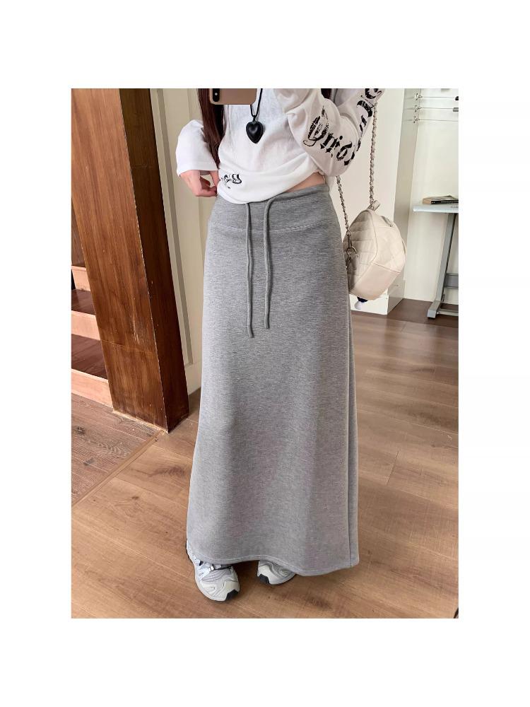 Retro Grauer Schnür-Schlankheits-Halbrock für Damen - Elastischer Bund, Gerader Schnitt, Hüftbetontes Design, Perfekt für den frühen Herbst 2025.